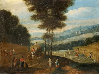 Scène de récolte avec une église